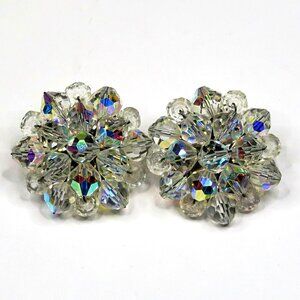 Vintage Aurora Borealis Clip-On Earrings Mid-Century Crystal Cluster 1"